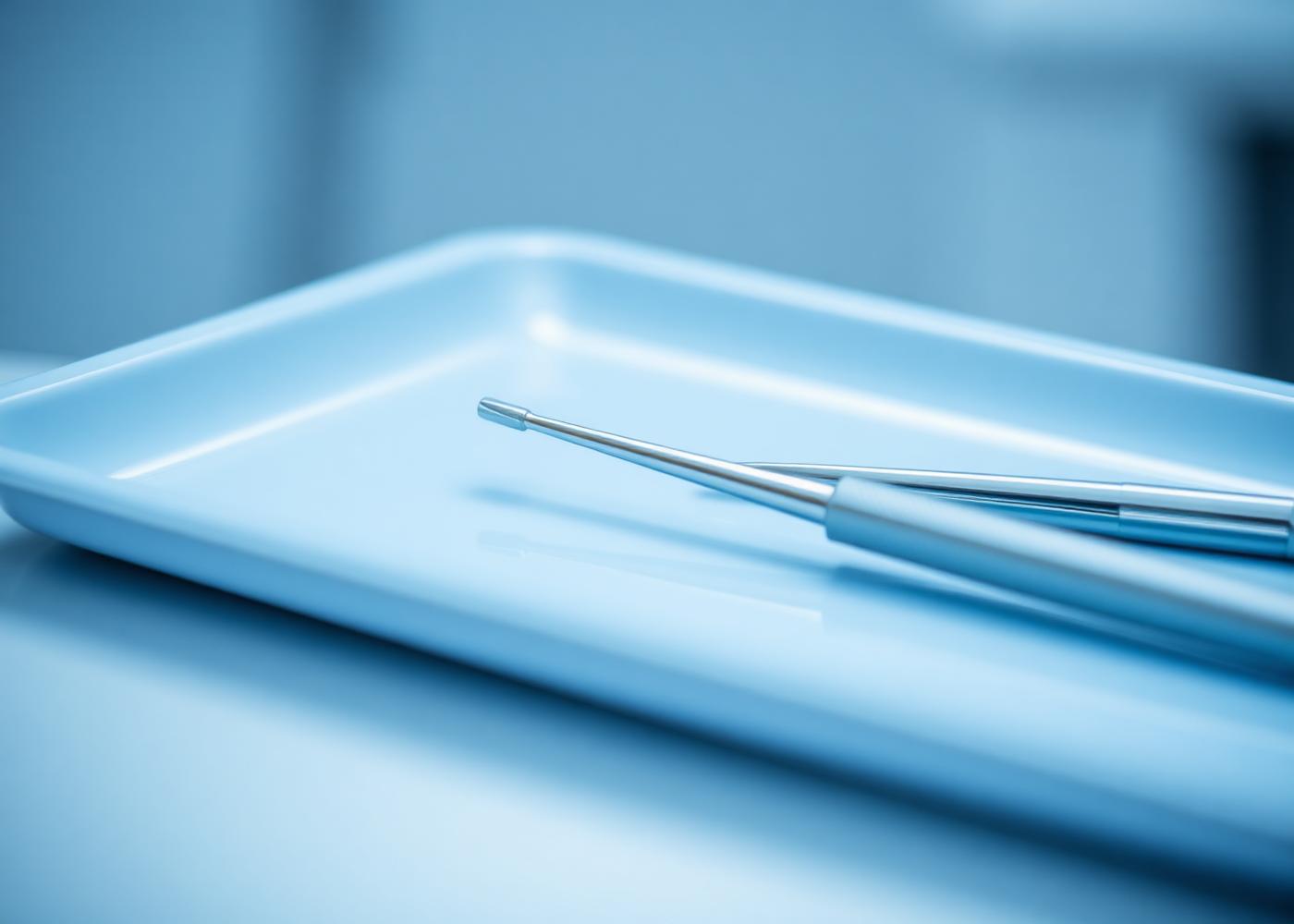 Modern dental instruments on a clean tray